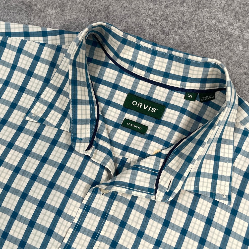 Orvis Mens Button Front Shirt XL Blue Plaid Classic Fit